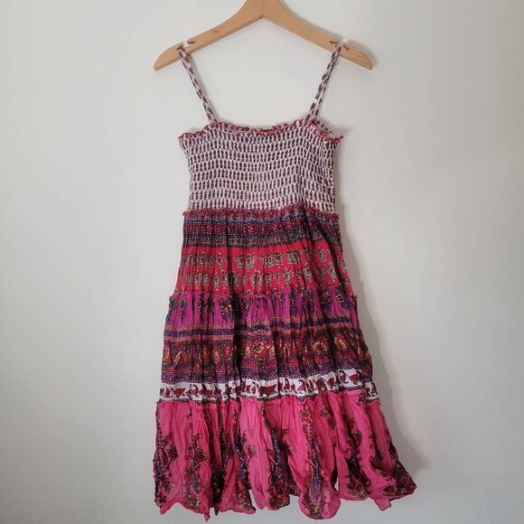 Cassee’s 100% Cotton Smocked Boho Mini Dress Pink India M Purple - Picture 7 of 8